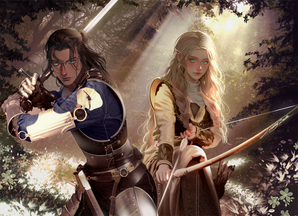 beautiful artwork of Dimitar and Kaleela by Luxury Banshee. They are drawing their weapons in a forest with a strong backlight
