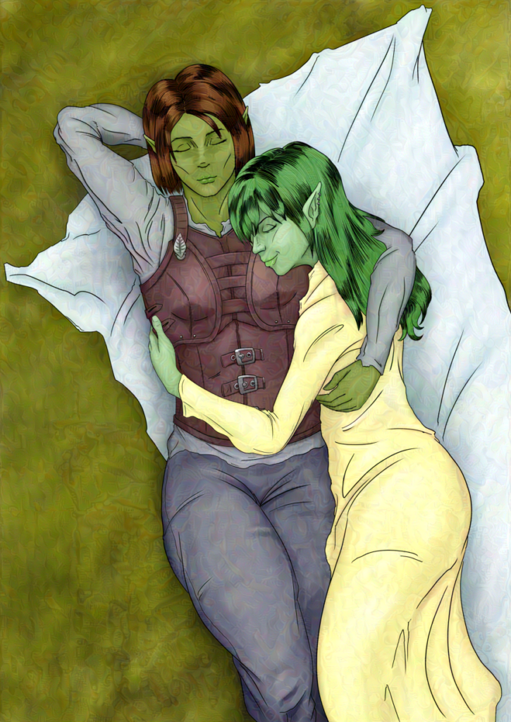 a cute couple with green skin and long elf ears from A Guard's Refrain