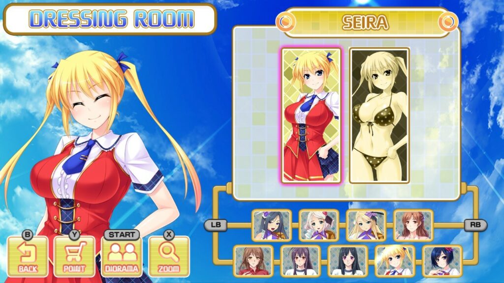 The dressing room showing off pretty girl Seira and her two outfit options, one is a bikini