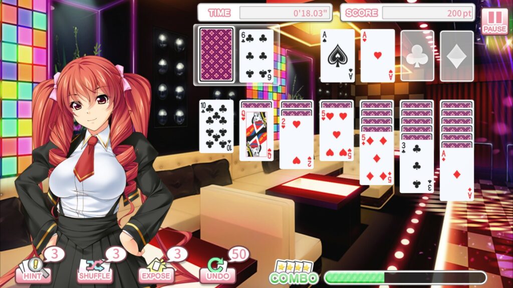 A solitaire game overseen by a pretty girl in a dealers uniform