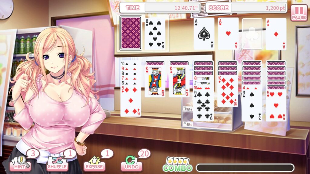 A solitaire game overseen by a pretty girl in a tight pink top - she has huge boobs