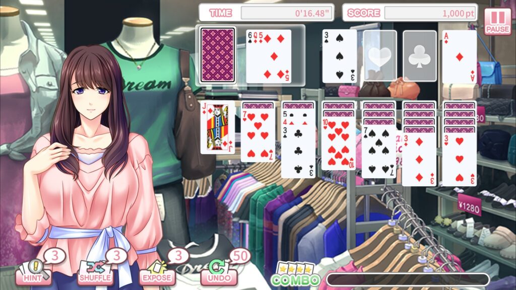 A solitaire game overseen by a pretty girl wearing a suggestively creased bouse