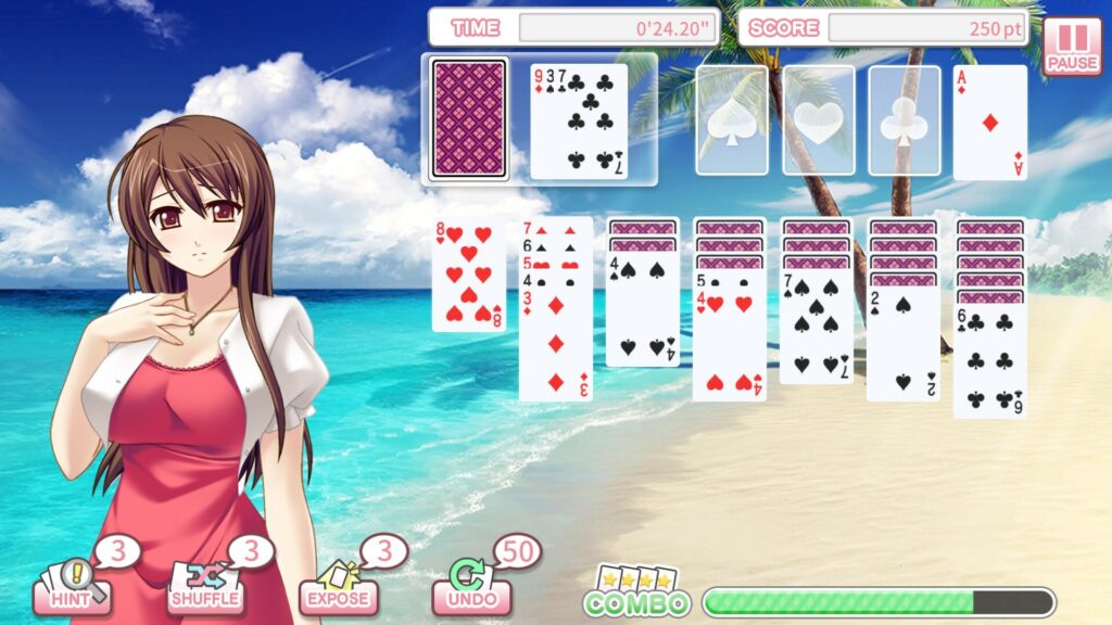 A solitaire game overseen by a pretty girl in a cute summer dress