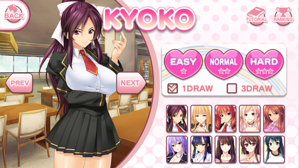 A menu showing all the pretty girls to chose from with Kyoko in a uniform