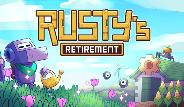 Logo and key art for Rusty's Retirement featuring Rusty watering some flowers