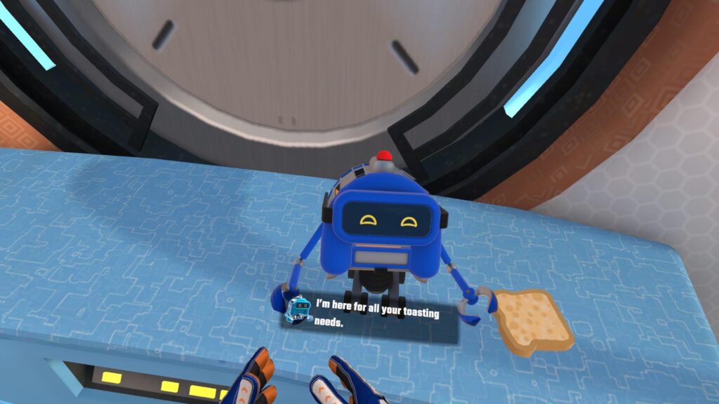 a blue robotoic toaster on a counter next to a slice of bread. subtitles read "I'm here for all your toasting needs."