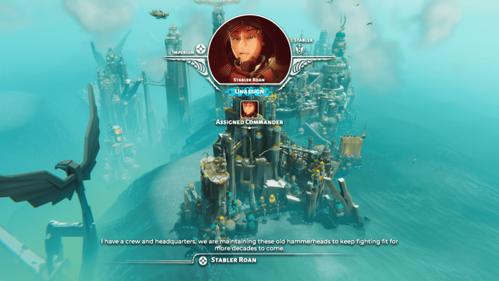 City on the edge of an ocean chasm. Portrait of an NPC "assigned commander" is shown in the centre of the image