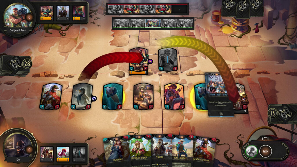 The ScreenPlay board showcasing lots of cards as two cards try to attack in the same frame