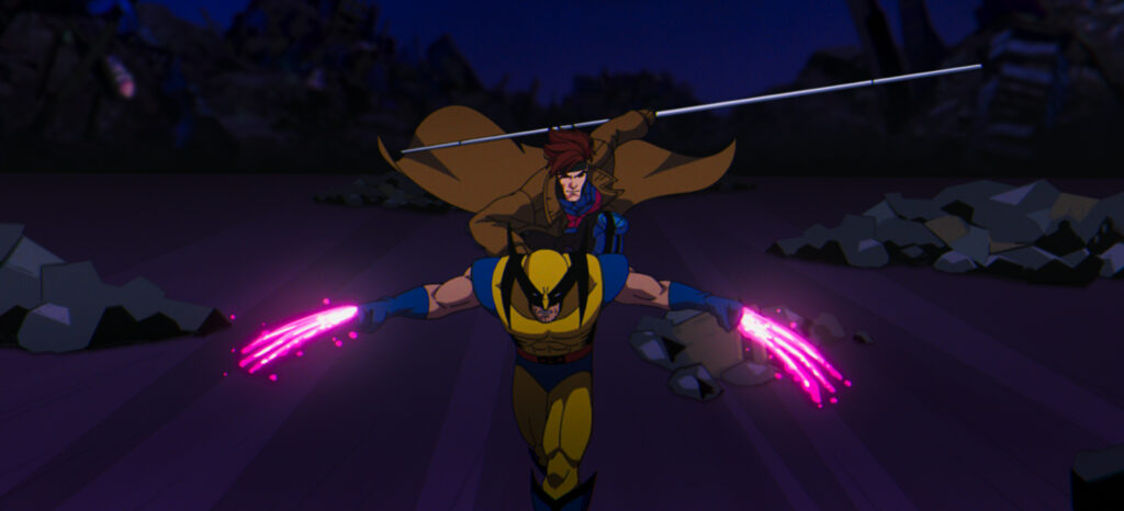 X-Men 97 - Gambit holds onto Wolverine as they charge forward. Wolverines claws are charged with purple kinetic energy