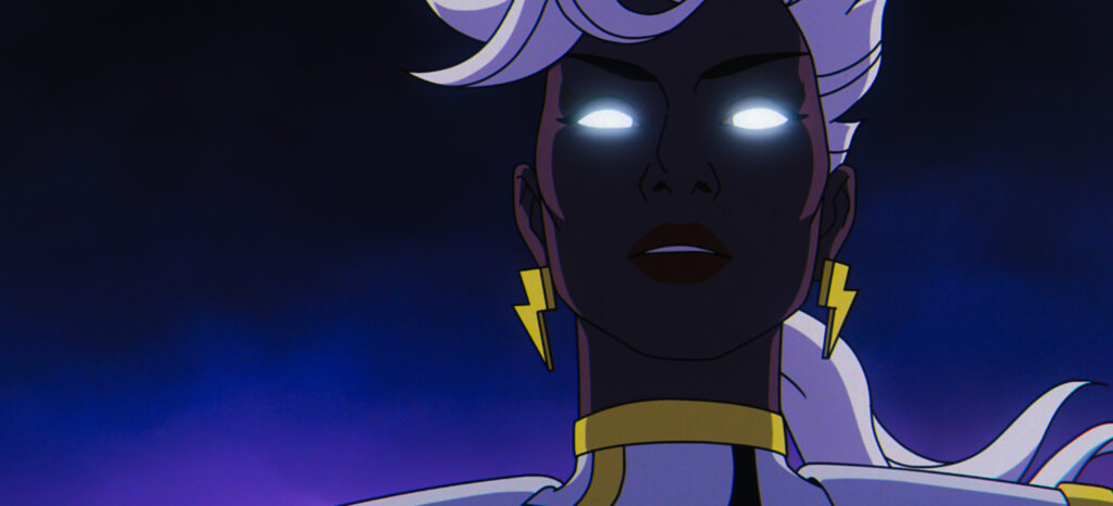 X-Men 97 - X-Man Storm, close-up at night. Power glows in her eyes