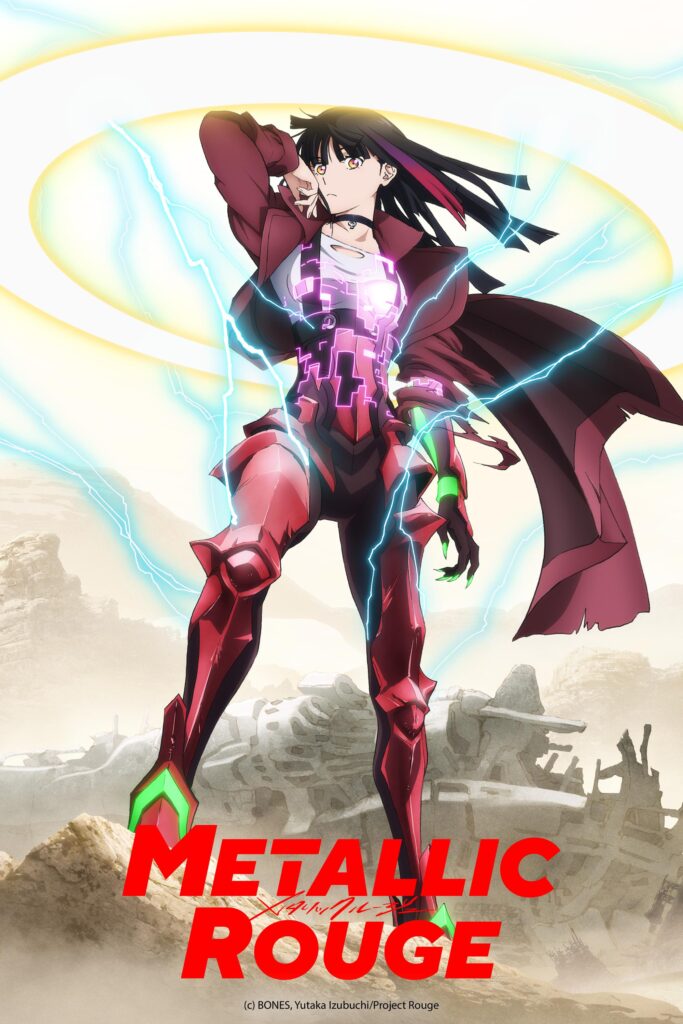 Key art for Metallic Rouge featuring the main character Rouge Redstar beginning to transform