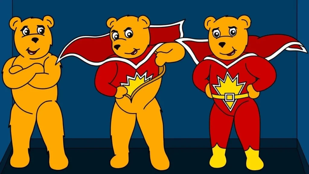 Super Ted - Orange bear removes his skin to reveal a red superhero costume, complete with cape and boots.