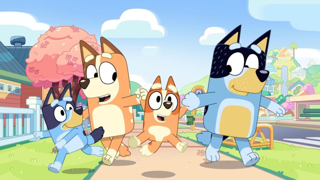 Bluey - A family of four cartoon dogs, two brown and two blue in colour.