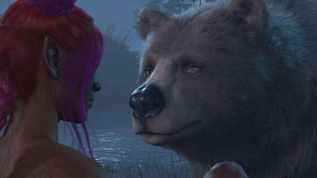 Halsin - Elf lady with "exposed shoulders" face to face with a large bear, like an actual bear bear.