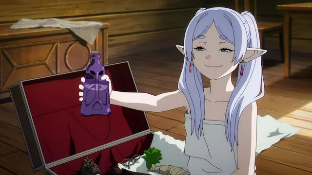 Frieren grinning micheviously while offering a suspicious potion bottle Frieren