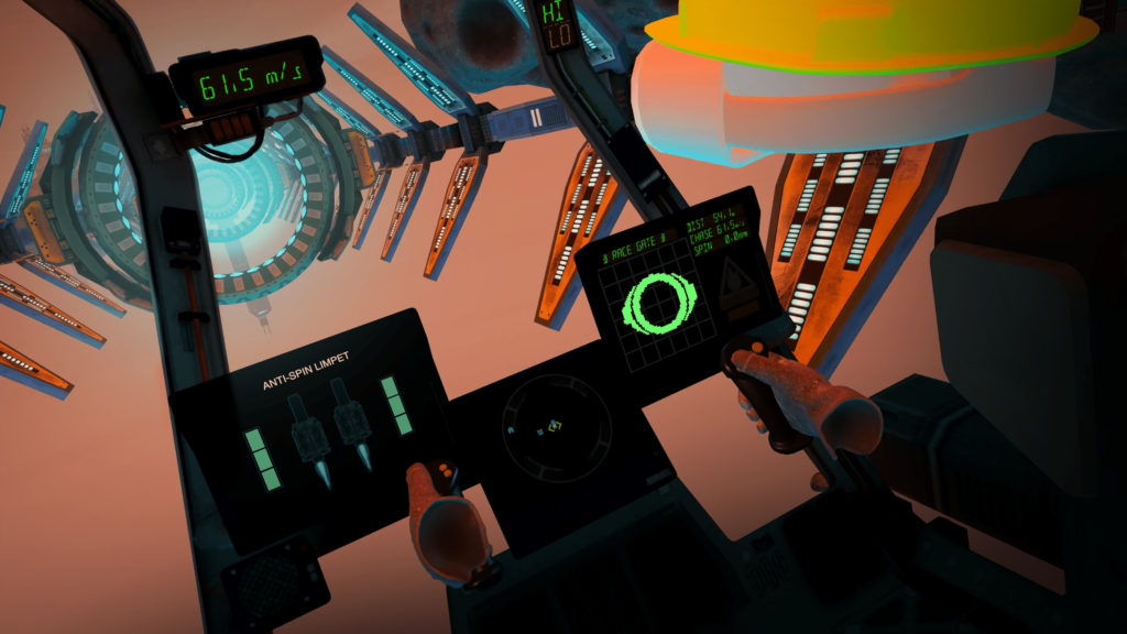 cockpit view of a space hauler, the player character's hands and hard hat can be seen. The sky has an orange glow and some kind of space gate lies ahead. Space Docker 