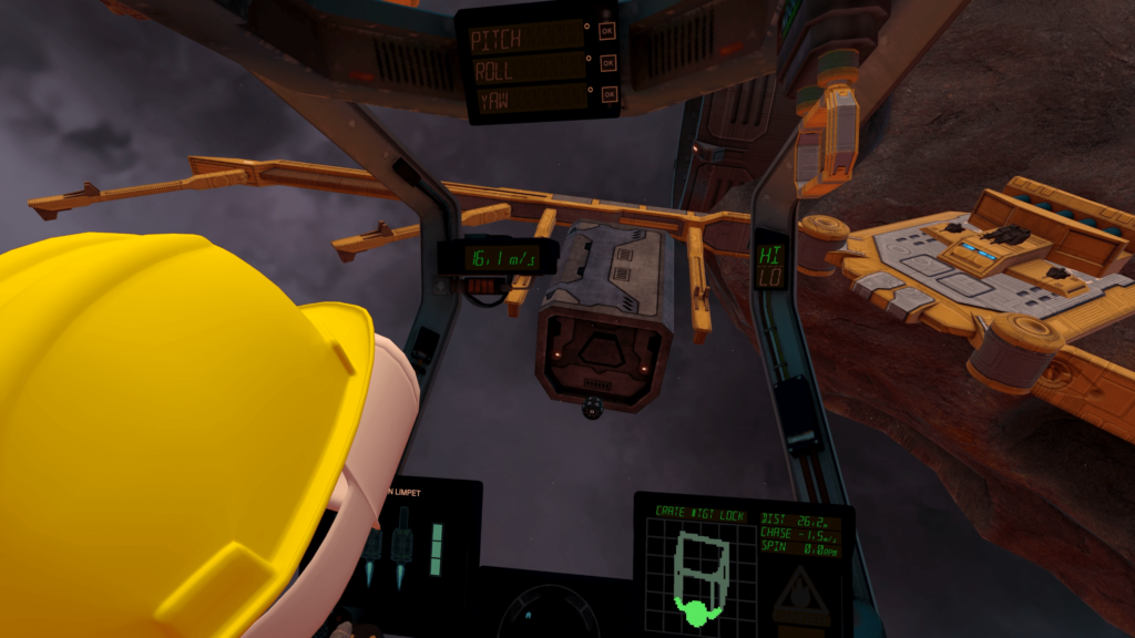 cockpit view from a space hauler, a yellow platform extends from an asteroid. a grey/brown cargo container rests in a bay - Space Docker 