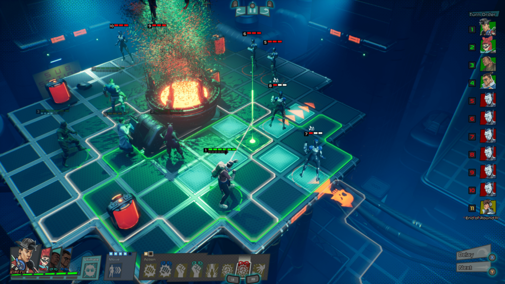 Capes: enemies and heroes are gathered around a glowing circular object/plinth. A green grid highlights where the current active character can move