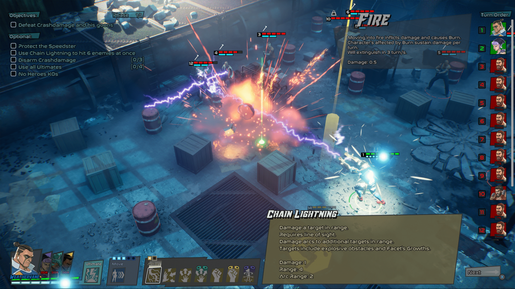 Capes: a dock/warehouse scene, lightning streaks across the screen and chains between some thugs, also setting off an explosive barrel