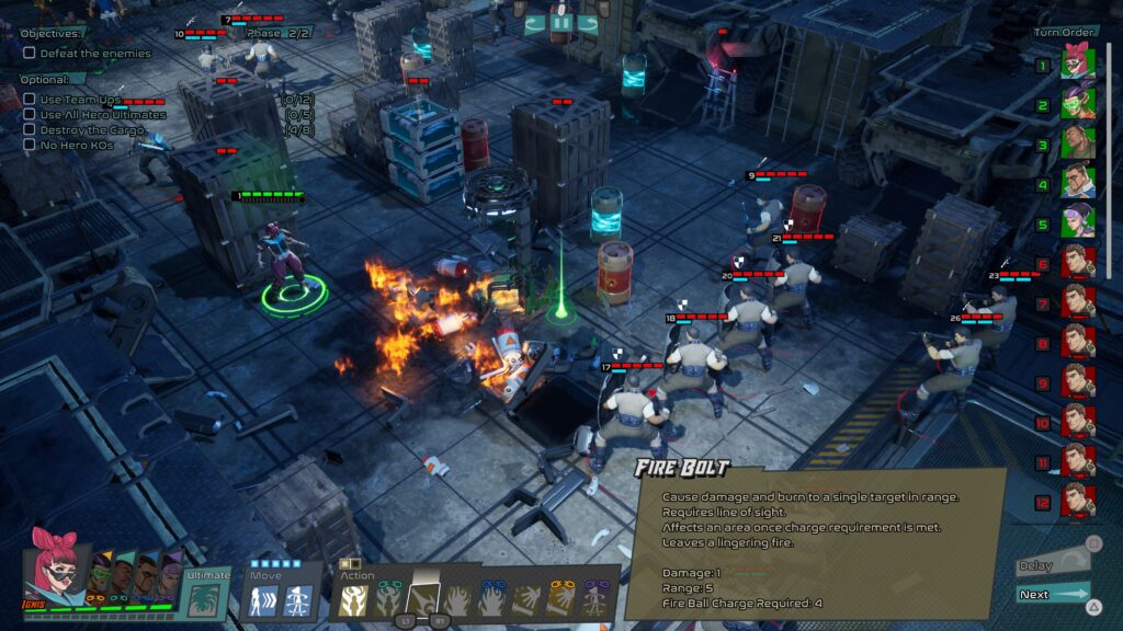 Capes: an industrial setting with a Flame powered hero in the centre. 10 enemies with read health bars over them surround the hero