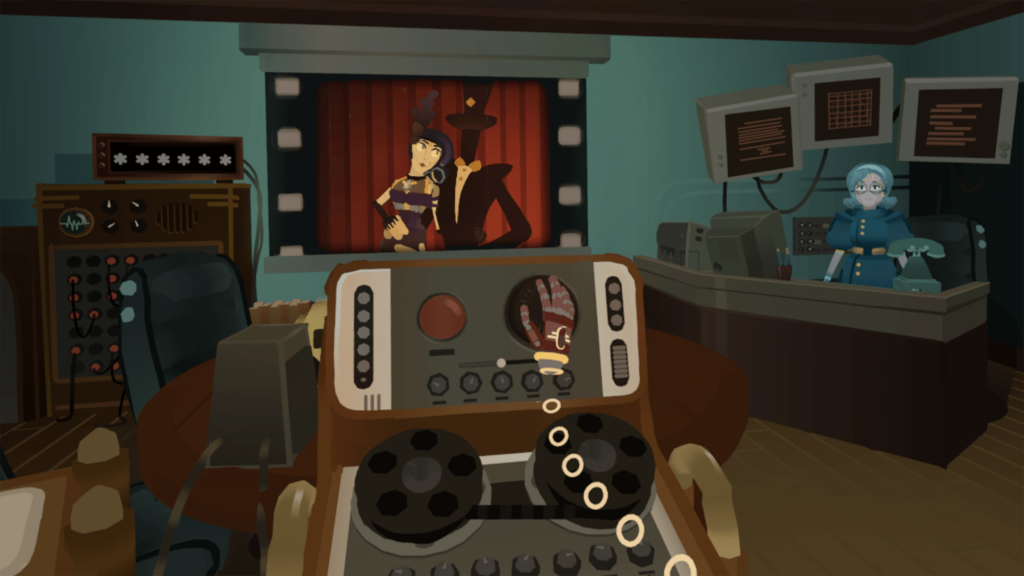 players hand is seen grasping a retro control panel for a projector. The Magician and Jenny can be seen on the screen. Best girl Bettie stands to ne side of the room.