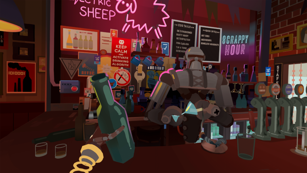 Players view of a bar, complete with robot barkeep. Player's extendable robot hand is seen holding a glass bottle