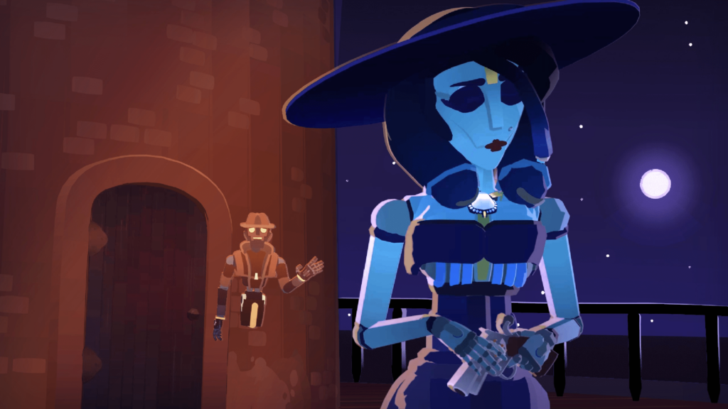 Image of the robo noir detective main character, Philip Log. Blue "dame" robot Jenny Montage is standing in the foreground.