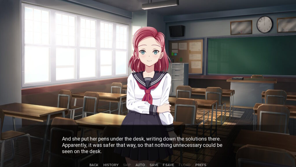 One of the protagonists, Samantha, stood in a classroom holding her left arm. She has shoulder length pink hair and a Japanese inspired sailor style uniform - Sunlight Scream