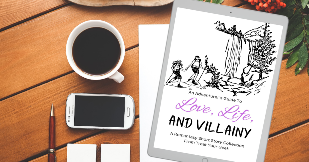 An Adventurer's Guide to Love, Life and Villainy mock cover on kindle with a cup of coffee