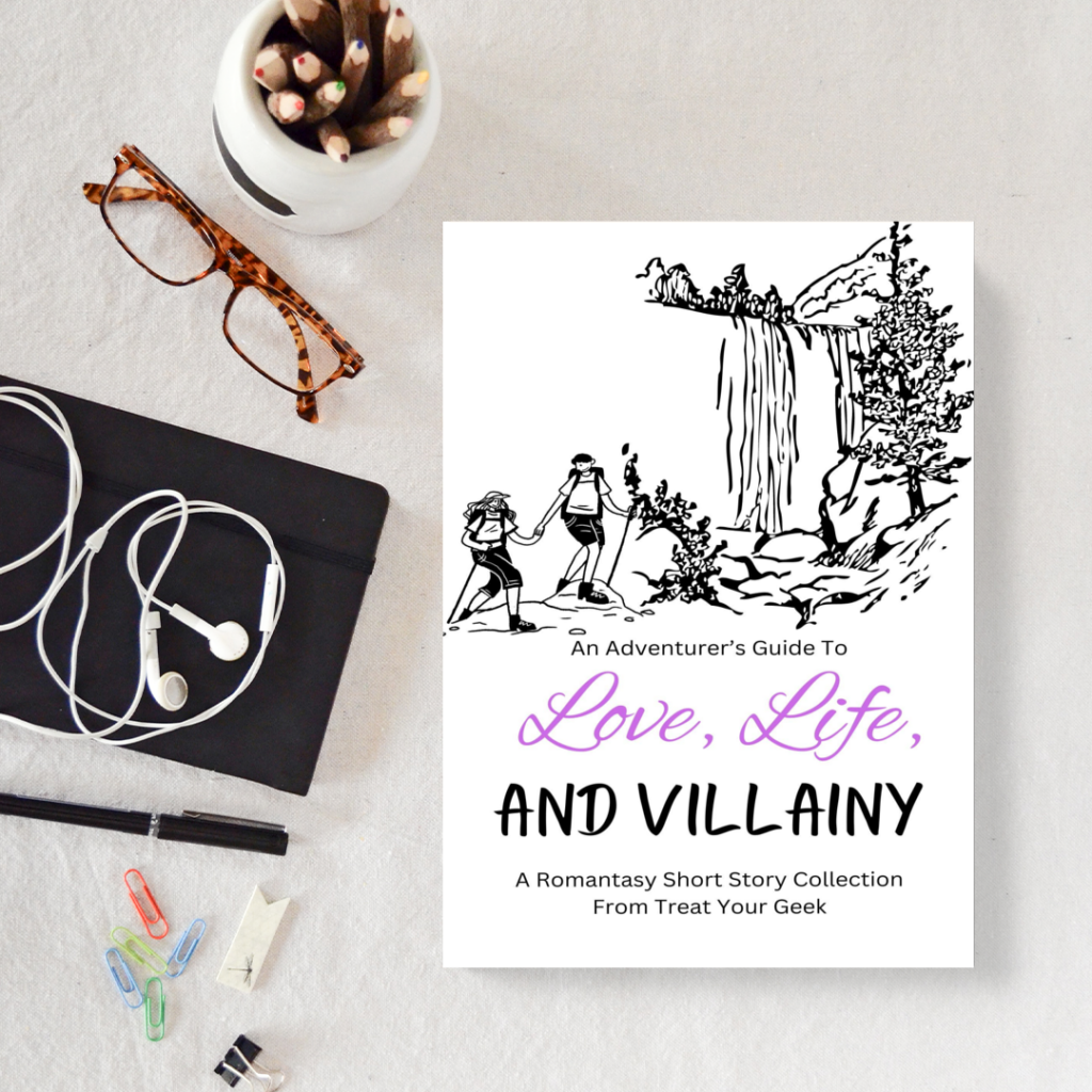 An Adventurer's Guide to Love, Life and Villainy mock cover in paperback with headphones and glasses