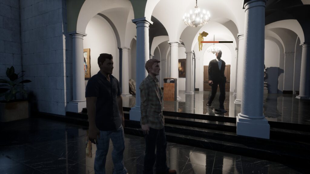 My museum - customers stand in the lobby of a fancy looking hall