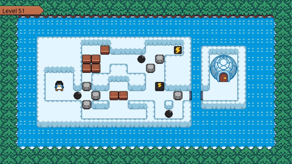 shot of level 51s layout with boxes, rocks and bomb obstacles - Soko Penguin