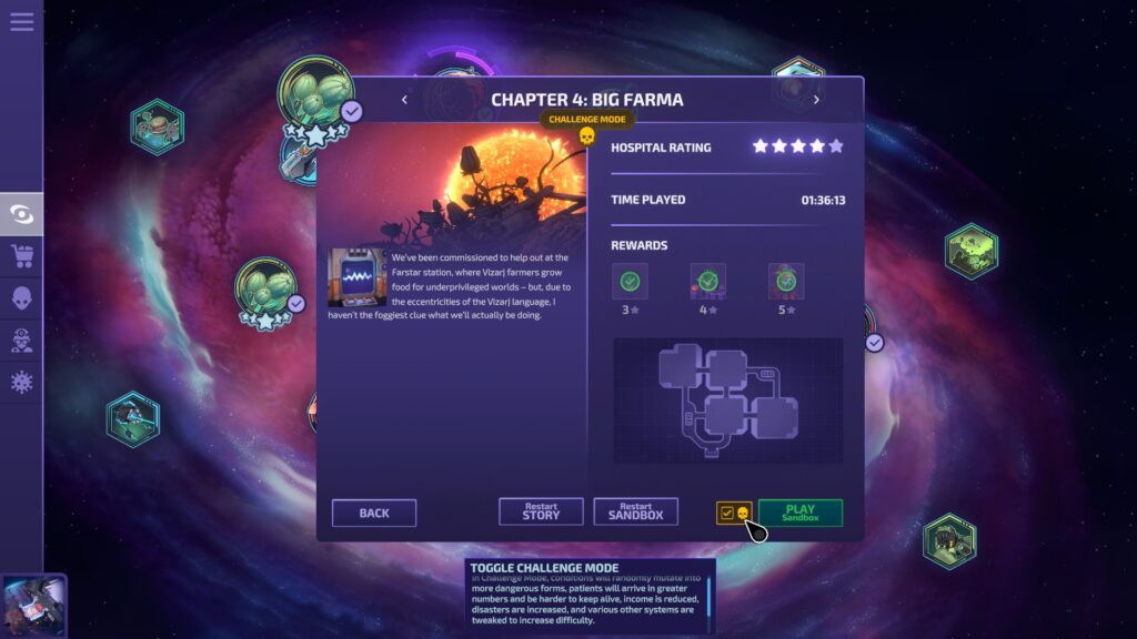 Galacticare - the menu and map screen with the challenge mode activated