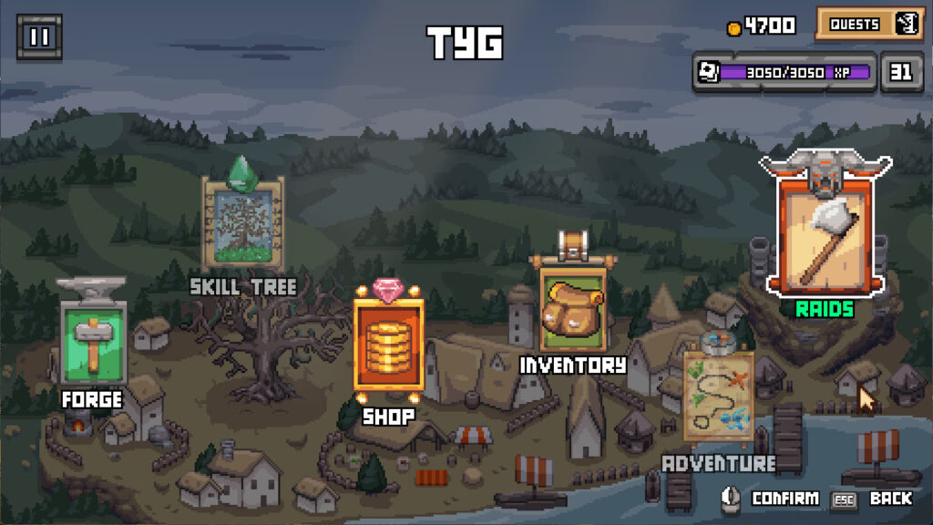 The main menu of Raiders of Valhalla featuring the Forge, a greyed out Skill Tree, Shop, Inventory, a greyed out Adventure, and Raids