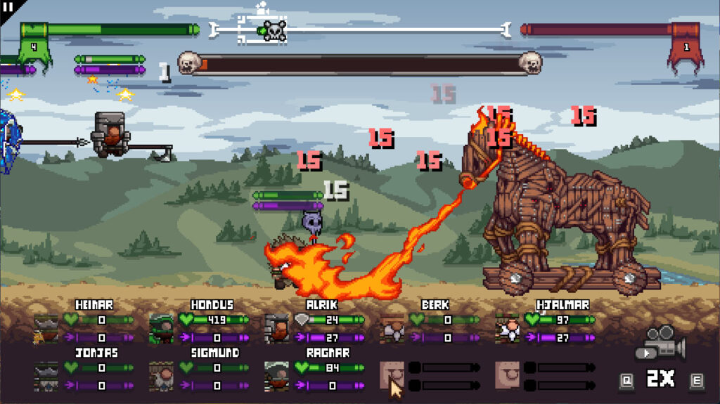 A boss fight against a wooden horse on wheels breathing fire