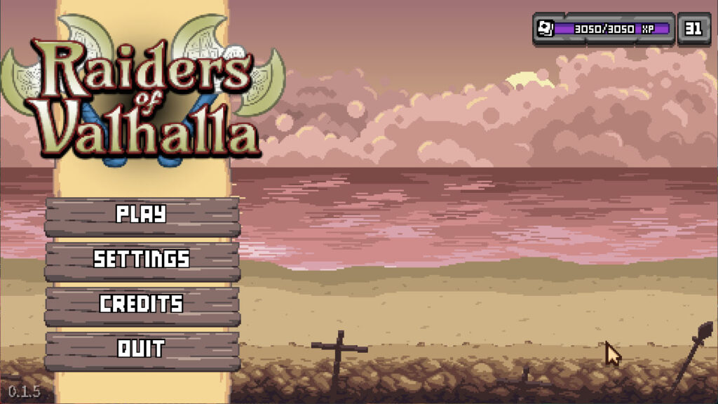 The title screen of Raiders of Valhalla showing player level, Play, Settings, Credits, and Quit