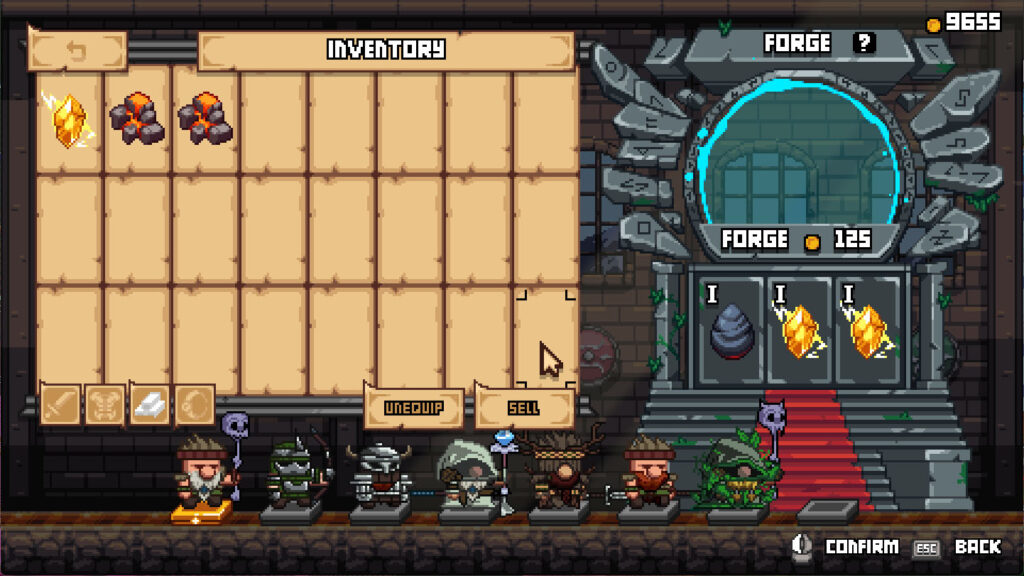 The forge screen, showing the inventory and allowing you to merge compatible items for a price