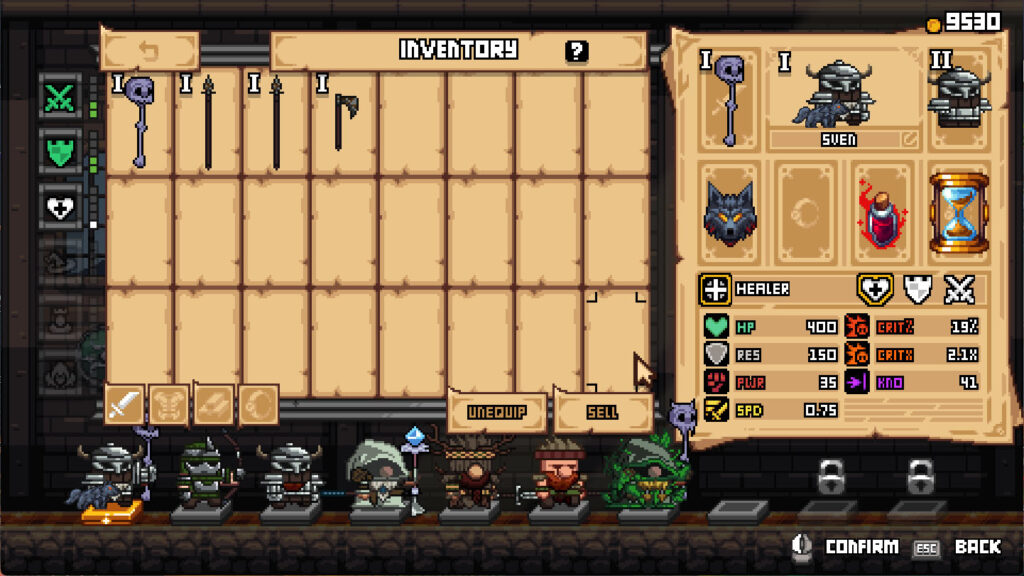 The inventory screen, allowing you to outfit your Dwarves with weapons, armour, pets, and relics