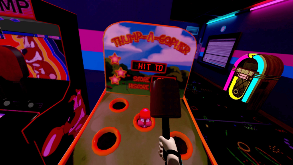 a neon lit arcade, view f the Thump-a-Gopher game based on Whack-a-Mole, the player holds a red mallet. Arcade Paradise VR 