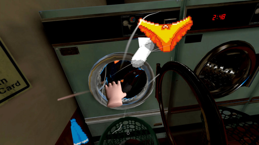 at least to start with you may have to was people's clothes/underwear. image of a washing machine with pixelart underwear superimposed - Arcade Paradise VR 