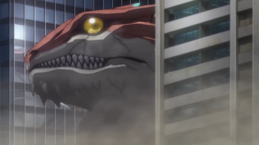 big rede lizard kaiju pops its giant head out from behind a skyscraper -  Kaiju No. 8