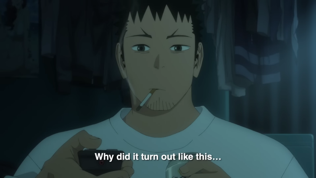 Hibino questions his life choices, a cigarette droops from his mouth. Subtitle text reads "Why did it turn out like this..." -  Kaiju No. 8