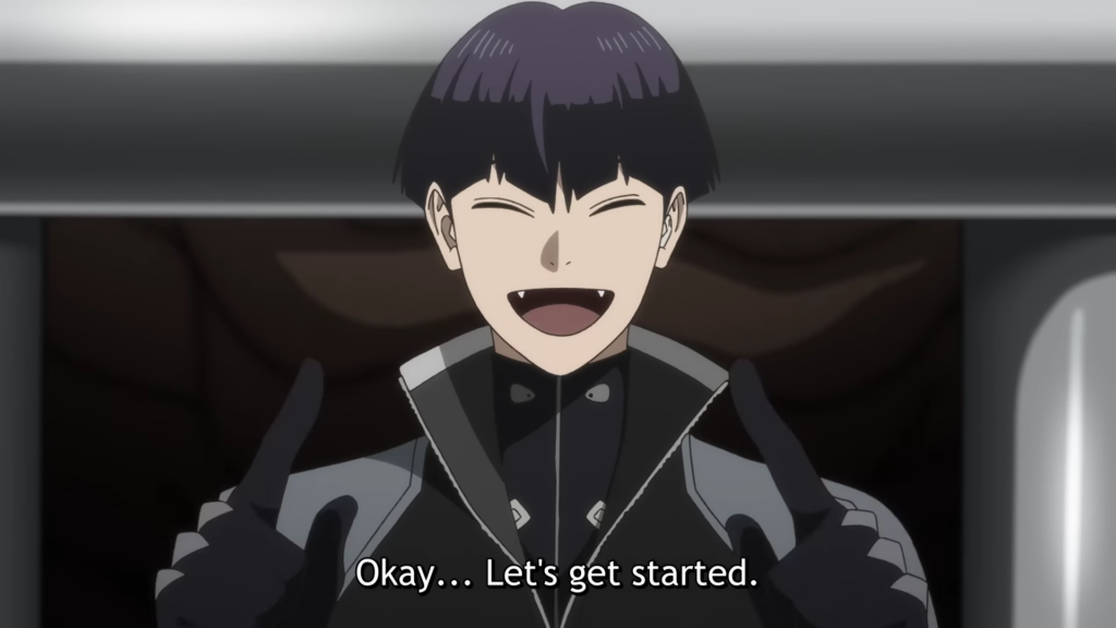 Hoshina smiles, showing two small fanglike teeth. His uniform has a large black collar. Subtitle text reads "Okay ... Let's get started" -  Kaiju No. 8