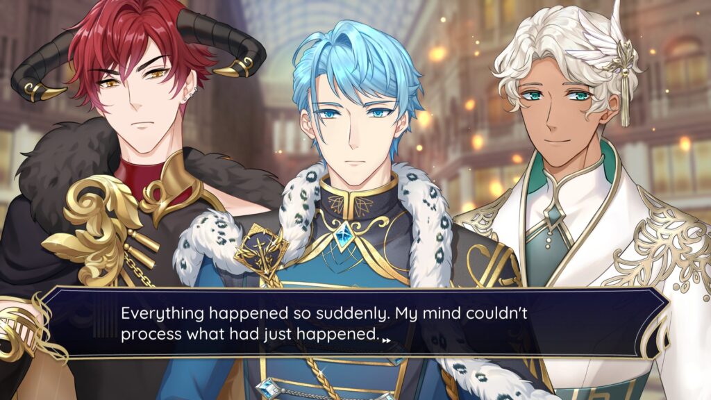 Your 3 love interests in the game. From left to right, Val a red haired Daemon with black and gold horns, Ash a half human half Angelus with blue hair, and Luke a white haired angelus