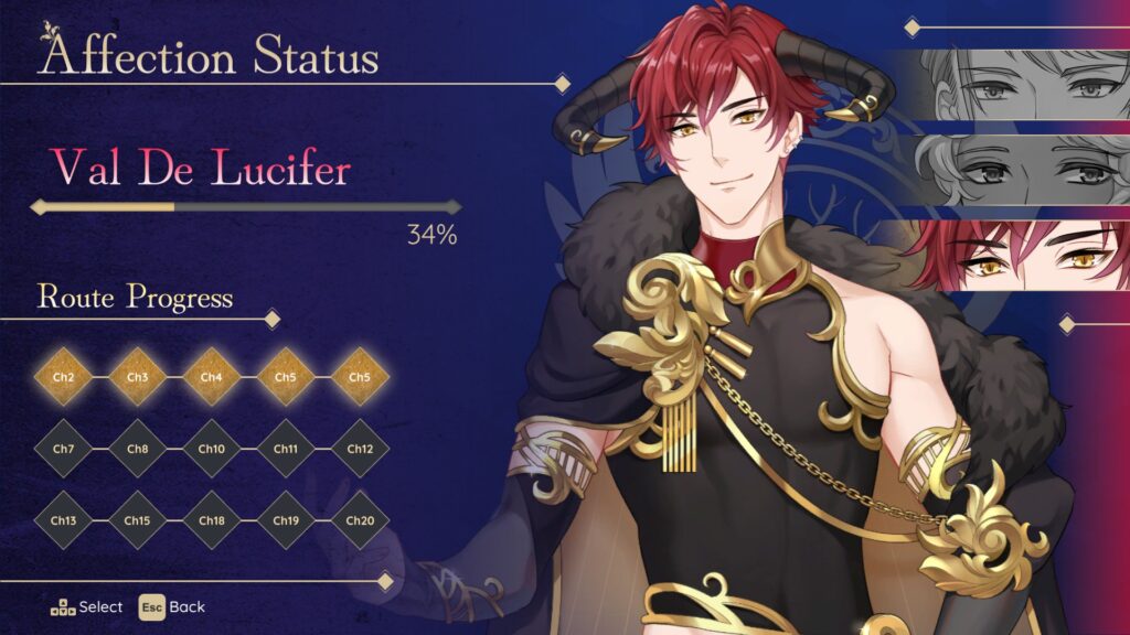 The affection status menu screen, showing Val De Lucifer and how much progress made with him by a percentage bar and highlighted on a list of chapters with date events