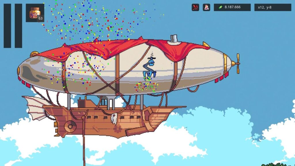 Airship! Big boat in the sky with a big balloon attached. Small blue tripod robot hovers nearby