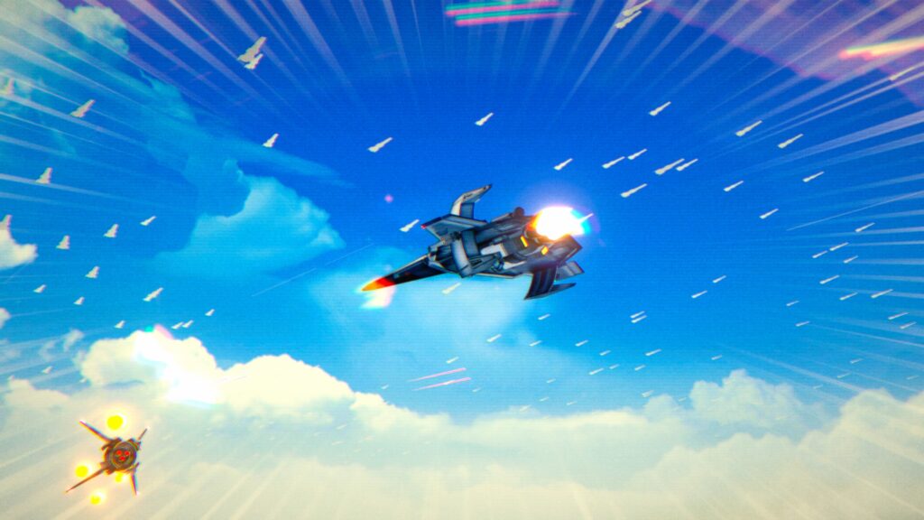 fluffy white clouds frame clear blue skies and a sci fi looking space plane, an enemy fleet can be seen faintly in the skies above. From the first mission of Rogue Flight.