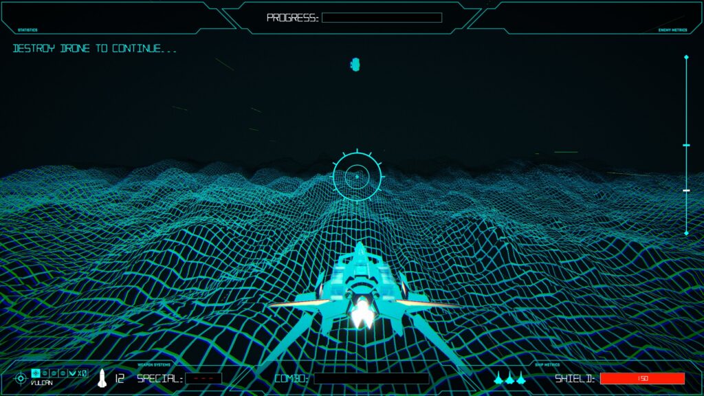 pale blue wireframe representation of a spaceship over hilly terrain used as a tutorial mission - Rogue Flight.