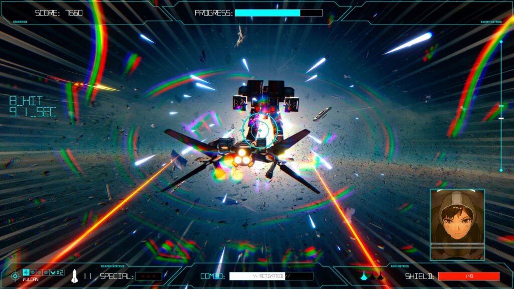 view from behind a space fighter, a mech is silouhetted against a distant light source, bolts of energy are shot towards the little ship. light refracts around the view as the ship accelerates - Rogue Flight.