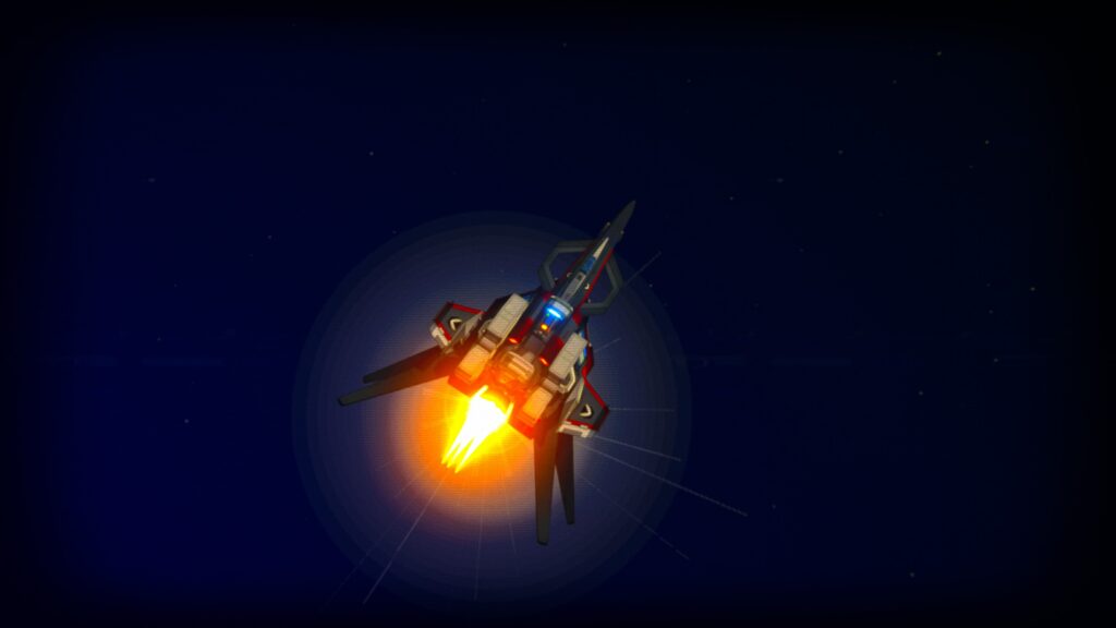 cool looking space fighter against a dark blue background, a glow can be seen from its jet-like engines - Rogue Flight.